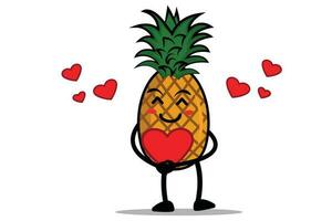 abacaxi desenho animado mascote ou personagem abraçando uma coração cheio do amor vetor