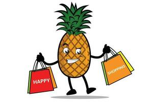 abacaxi desenho animado mascote ou personagem levar mercearia bolsas e apreciar compras vetor