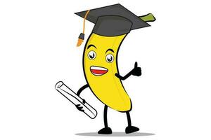 banana desenho animado mascote ou personagem segurando uma diploma e vestindo uma toga dentro graduação vetor