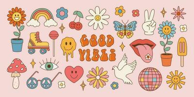 groovy hippie conjunto do Anos 70 anos 80 elementos. vetor ilustração dentro vintage estilo com inscrição Boa vibrações, flor, arco-íris, coração, cogumelo