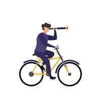 uma Adolescência Garoto goza equitação uma bicicleta e olhando através uma luneta. isolado dinâmico vetor plano ilustração.