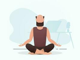 uma homem senta dentro uma quarto fazendo meditação. ioga. desenho animado estilo. vetor