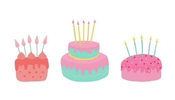 conjunto do aniversário bolos com velas. aniversário festa elementos. vetor ilustração