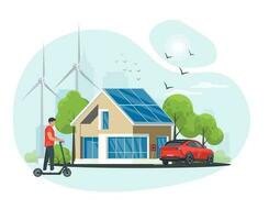 limpar \ limpo verde energia a partir de renovável fontes conceito. uma jovem homem passeios a elétrico lambreta perto a ecológico moderno casa com moinhos de vento e solar energia painéis, elétrico carro. vetor ilustração.