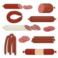 uma conjunto do diferente defumado salsichas. carne produtos. Comida. vetor ilustração.