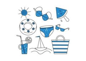 uma conjunto do de praia acessórios. ícones . verão, Distintivos. roupas. descansar de a mar. vetor ilustração, rabisco estilo.