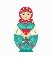 boneca matryoshka . russo lembrança. uma de madeira boneca com uma coração dentro Está mãos. uma brinquedo pintado Fora do madeira. vetor ilustração.