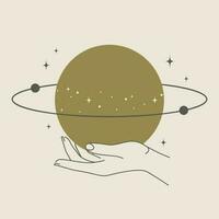 vetor ilustração do astrologia místico fundo. exterior espaço e planetas. mão segurando Saturno impresso parede arte. tarot cartão universo vetor ilustração.