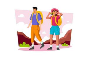 uma casal reserva a aventura Tour para ter emocionante experiências vetor