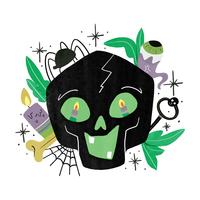 Crânio preto assustador com elementos de Halloween vetor