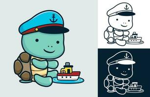 fofa tartaruga vestindo marinheiro chapéu com uma pequeno barco. vetor desenho animado ilustração dentro plano ícone estilo