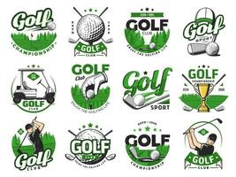 golfe esporte ícones, golfe bolas e clubes emblemas conjunto vetor