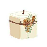 mão desenhado perfumado cera vela com citrino, canela e folhas isolado em branco fundo. casa aromaterapia vetor ilustração. Natal decoração. relaxamento e spa