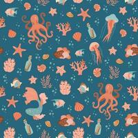 desatado padronizar com polvo, peixe, medusa e cartuchos em azul fundo. embaixo da agua mundo vetor ornamento. mar vida verão ilustração