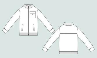 grandes manga zíper com bolso fatos de treino Jaqueta suéter técnico moda plano esboço vetor ilustração modelo frente e costas visualizar.