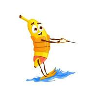 desenho animado personagem banana fruta em água esquis surfar vetor