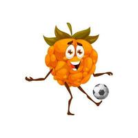 desenho animado cloudberry fruta jogando futebol vetor
