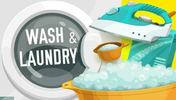 lavando máquina, detergente, ferro. lavanderia serviço vetor