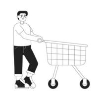 feliz masculino cliente empurrando compras carrinho monocromático plano vetor personagem. editável fino linha cheio corpo pessoa em branco. simples bw desenho animado local imagem para rede gráfico projeto, animação