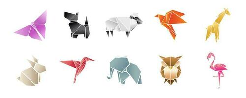 origami papel animais ásia criativo vetor arte. origami Japão animal borboleta, cachorro terrier, elefante, coruja, ovelha, pássaro e girafa ilustração