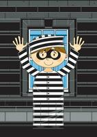 desenho animado prisioneiro dentro clássico listrado prisão uniforme com mãos acima vetor