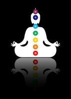 sentado Buda silhueta dentro meditação com chakras. Sete chakras, energia corpo e iogue meditando dentro a lótus posição. vetor ilustração isolado em Preto fundo