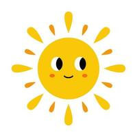 vetor fofa Sol com face. engraçado sorridente Sol dentro plano Projeto. infantil brilho do sol emoji. bebê Sol com raios de sol.