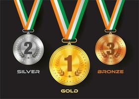 Esportes medalhas. dourado prata bronze medalha com indiano cores. campeão vencedora prêmios do honra vetor