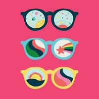 uma conjunto do moda oculos escuros. óculos com abstração, espaço e pôr do sol. estilo do a anos 70. retro óculos com humor. vetor ilustração isolado em uma roxa fundo