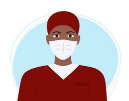Preto masculino enfermeira dentro uma vermelho uniforme. internacional enfermeiras dia. médico trabalhador dentro uma mascarar e luvas. vetor