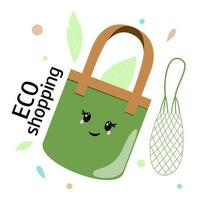 eco saco com folhas. fofa compras carregar saco personagem. eco compras. educacional material para crianças. vetor desenho animado ilustração.