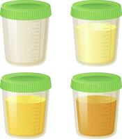 xixi dentro uma plástico recipiente definir. coleção do urina análise frascos dentro vários cores a partir de Claro para amarelo - plano desenho animado estilo vetor ilustração