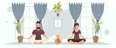 marido com esposa e filha fazendo ioga dentro a sala. meditação. desenho animado estilo. vetor