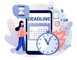 data limite conceito. Smartphone aplicativo para ao controle Tempo gestão e produtividade. minúsculo mulher organizar fluxo de trabalho, eficaz Tempo gastando. moderno plano desenho animado estilo. vetor ilustração em branco fundo