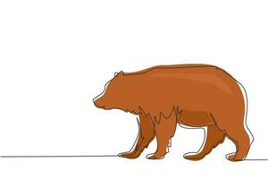contínuo desenho de uma linha urso gigante caminhando para a frente na selva. forte selvagem pardo urso pardo mamífero mascote. animal grande besta perigoso. ilustração gráfica de vetor de desenho de linha única
