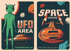 UFO área e fantasia nave espacial vetor retro poster