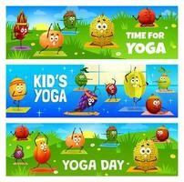 crianças ioga dia, pilates ginástica com desenho animado frutas vetor