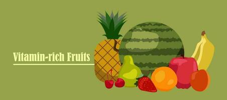 fruta e bagas vetor bandeira definir. vegetariano Comida morangos, banana e romã ilustração do fruta abacaxi ou maçã. laranja, Melancia damasco, pera, cereja.