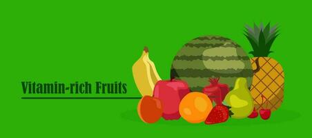 orgânico saudável conceito com fresco frutas. vetor definir. morangos, banana, romã, abacaxi, maçã, laranja, Melancia Damasco pera cereja verão