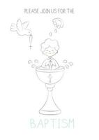 batismo do uma bebê dentro festivo vestuário sentado dentro uma batismal Fonte com piedosos água derramando a partir de uma Concha para a cabeça e uma pomba vôo com uma Cruz dentro Está bico rabisco vetor ilustração