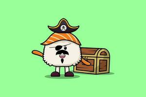 pirata de sushi bonito dos desenhos animados com caixa de tesouro vetor