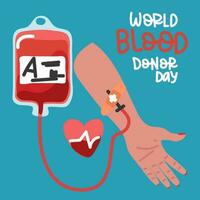 poster do a mundo sangue doador dia, uma pessoa doa sangue, uma sangue bolsa. uma pacote cheio do sangue, transfusão e o preenchimento a coração com vida. doação. uma ligar para Socorro pessoas dentro precisar. salvando uma vida vetor