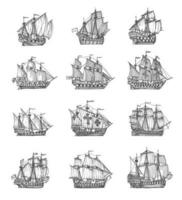 vintage pirata vela navios esboço mapa elementos vetor