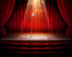 etapa cena com vermelho cortinas cortinas, microfone vetor