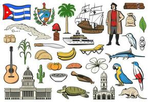 Cuba viagem, Havana marcos, passeios turísticos símbolos vetor