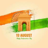 ilustração do Índia portão monumento com pomba vôo, açafrão e verde escova efeito em ashoka roda bege fundo para 15º agosto, independência dia conceito. vetor