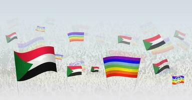 pessoas acenando Paz bandeiras e bandeiras do Sudão. ilustração do multidão a comemorar ou protestando com bandeira do Sudão e a Paz bandeira. vetor