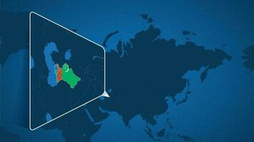 localização do Turquemenistão em a mundo mapa com ampliado mapa do Turquemenistão com bandeira. vetor