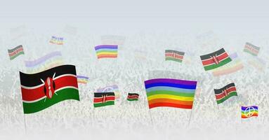 pessoas acenando Paz bandeiras e bandeiras do Quênia. ilustração do multidão a comemorar ou protestando com bandeira do Quênia e a Paz bandeira. vetor