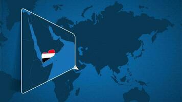 localização do Iémen em a mundo mapa com ampliado mapa do Iémen com bandeira. vetor